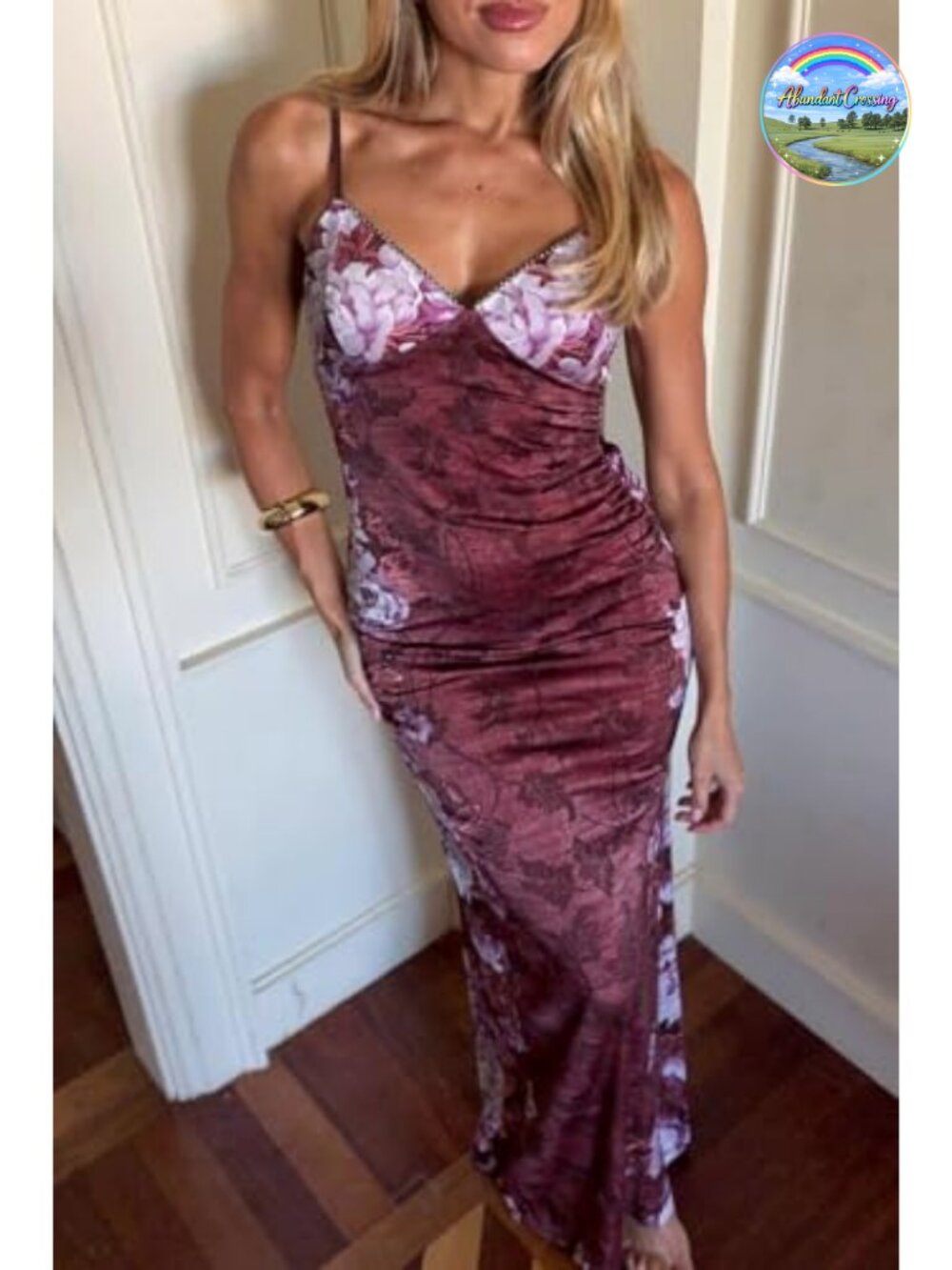 Women Vintage Spaghetti Strap Satin Maxi Dress Backless Floral Slip Bodycon - Picture 3 of 6